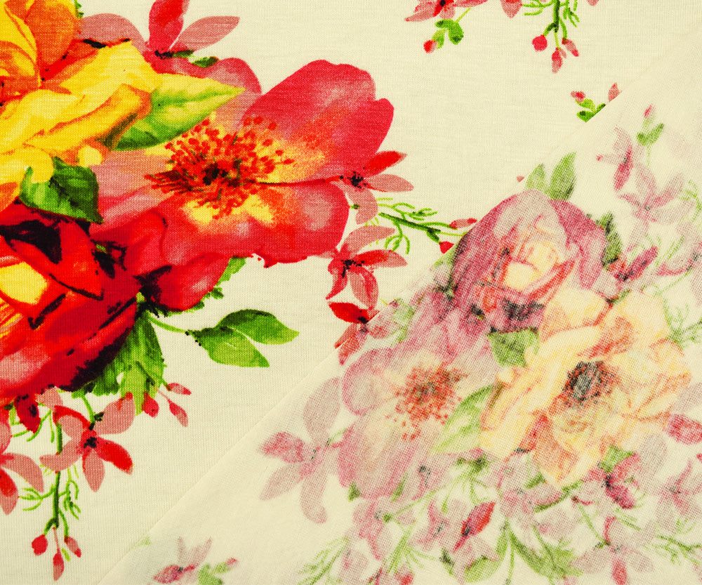 1 Yard Ivory Pink Multi Rayon Floral Printed Stretch Spandex Jersey Knit Fabric 64 Inches Wide
