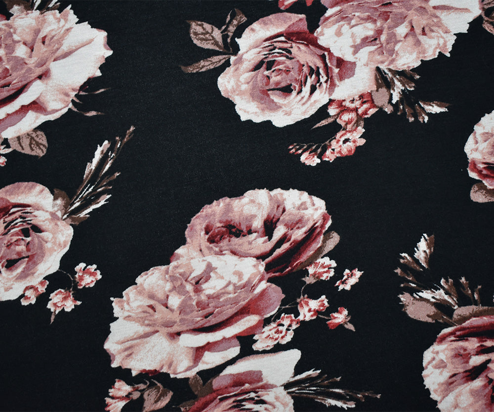 1 Yard Black-Pink-Multi Cotton Floral Printed Stretch Spandex Jersey Knit Fabric Lightweight Soft Apparel Fabric 64" Width