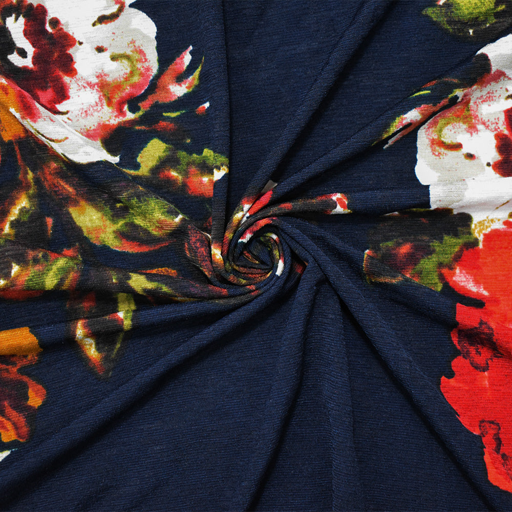 1 Yard Deep Navy Blue-Multi Polyester Floral Onion Skin Jersey Knit Fabric Soft Dry Hand Lightweight 59" Width