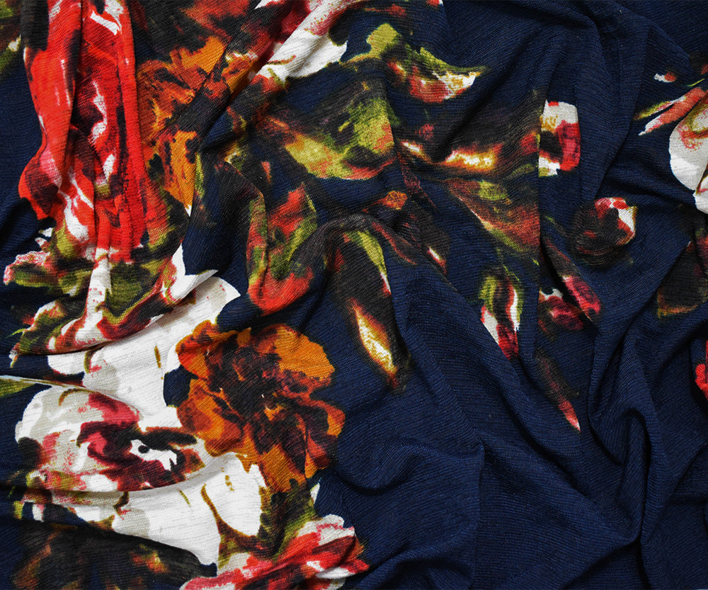 1 Yard Deep Navy Blue-Multi Polyester Floral Onion Skin Jersey Knit Fabric Soft Dry Hand Lightweight 59" Width