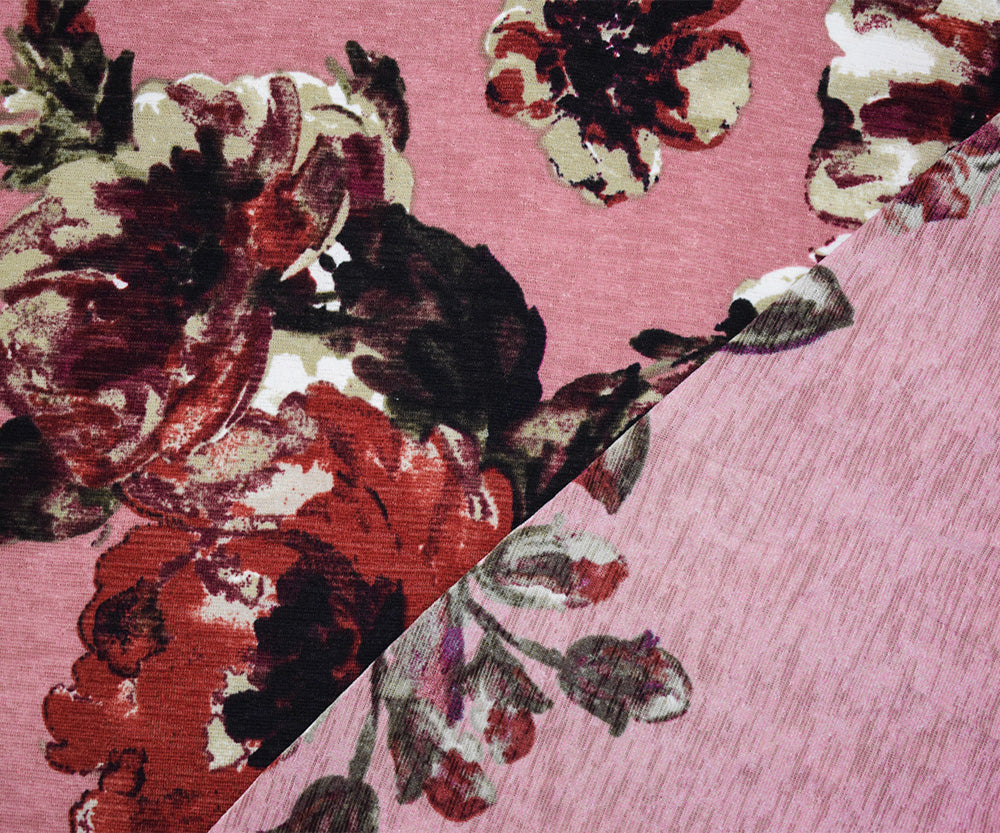 1 Yard Pink Red Multi Poly Floral Onion Skin Jersey Knit Fabric Lightweight 60 Inches Width