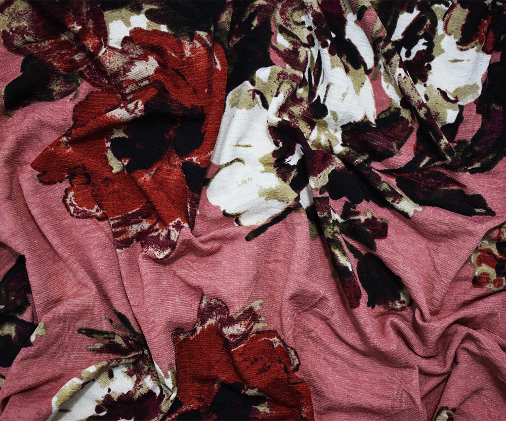 1 Yard Pink Red Multi Poly Floral Onion Skin Jersey Knit Fabric Lightweight 60 Inches Width