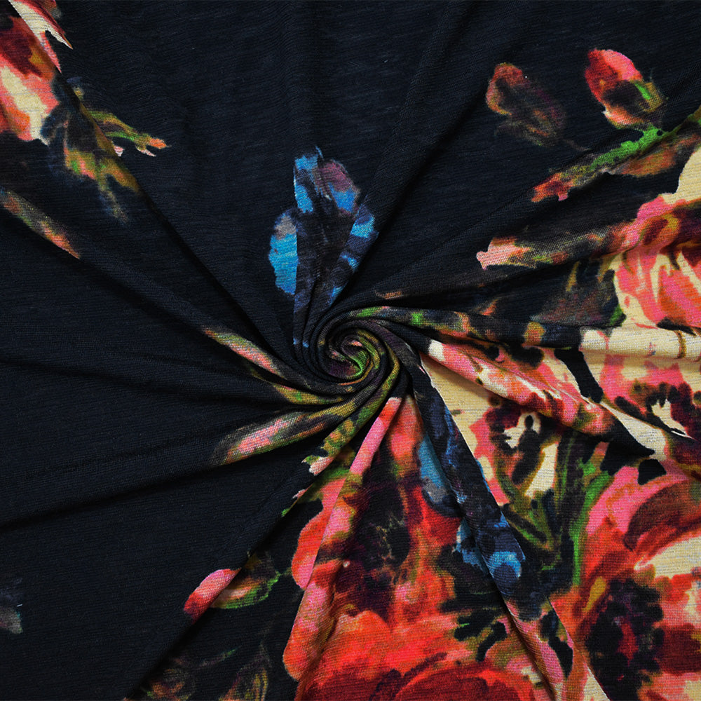 1 Yard Black Multi Polyester Floral Print Stretch Spandex Onion Skin Jersey Knit Fabric 59 Inches Wide