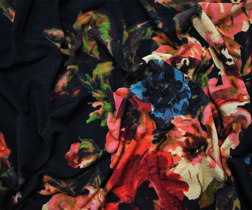 1 Yard Black Multi Polyester Floral Print Stretch Spandex Onion Skin Jersey Knit Fabric 59 Inches Wide