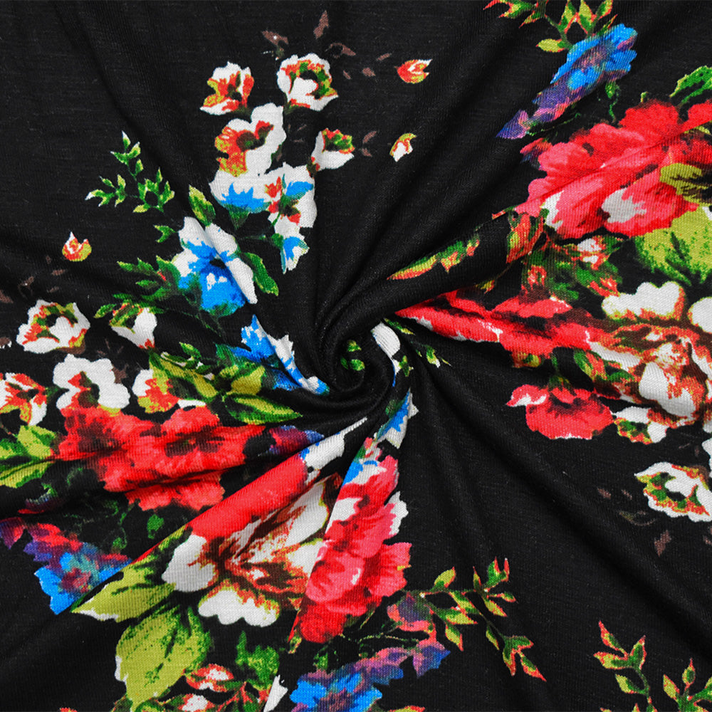 1 Yard Black Red Multi Cotton Floral Printed Stretch Spandex Jersey Knit Fabric 63 Inches Width