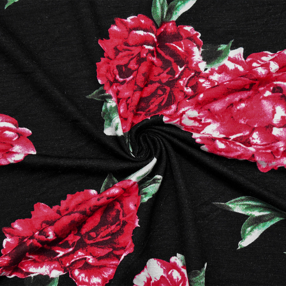 1 Yard Black Red Green Cotton Floral Stretch Spandex Jersey Knit Fabric 64 Inches Wide
