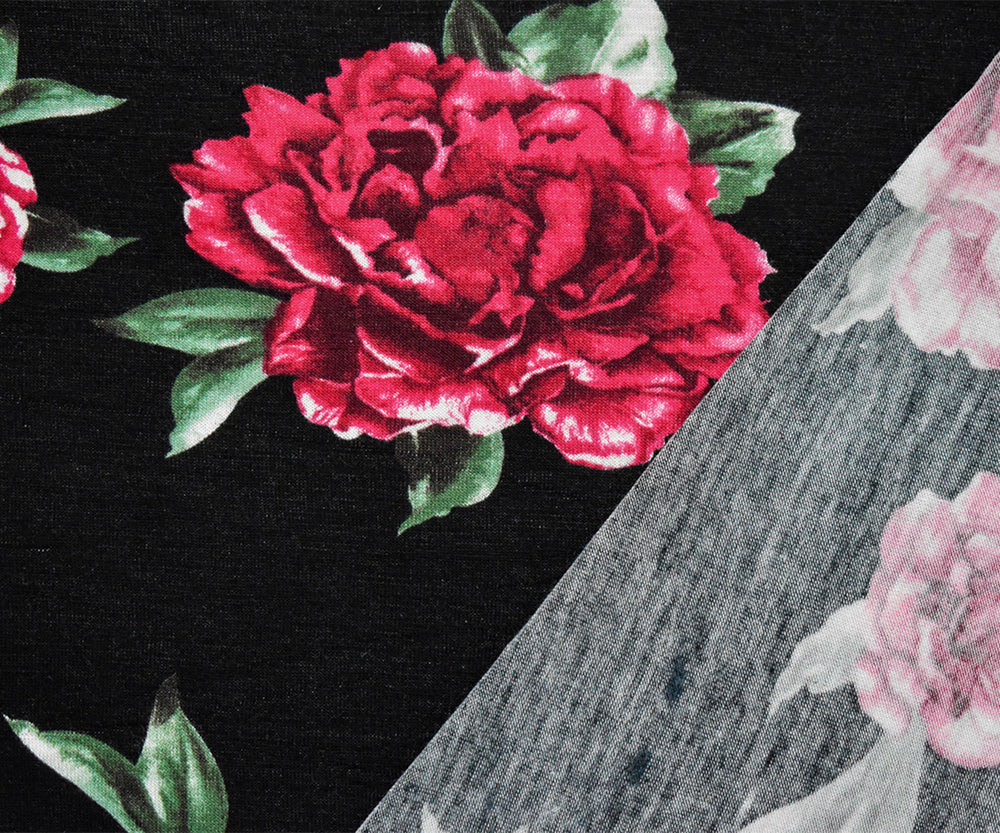 1 Yard Black Red Green Cotton Floral Stretch Spandex Jersey Knit Fabric 64 Inches Wide