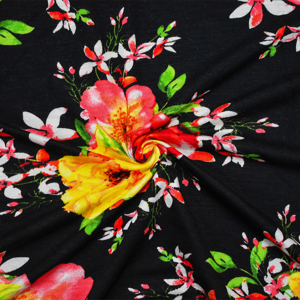 1 Yard Black Orange Multi Cotton Spandex Floral Jersey Knit Fabric Stretch 65 Inches Width