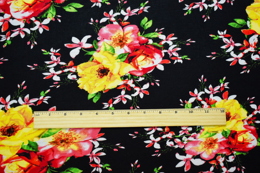 1 Yard Black Orange Multi Cotton Spandex Floral Jersey Knit Fabric Stretch 65 Inches Width