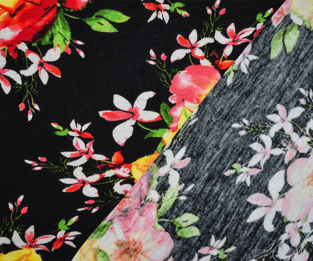 1 Yard Black Orange Multi Cotton Spandex Floral Jersey Knit Fabric Stretch 65 Inches Width