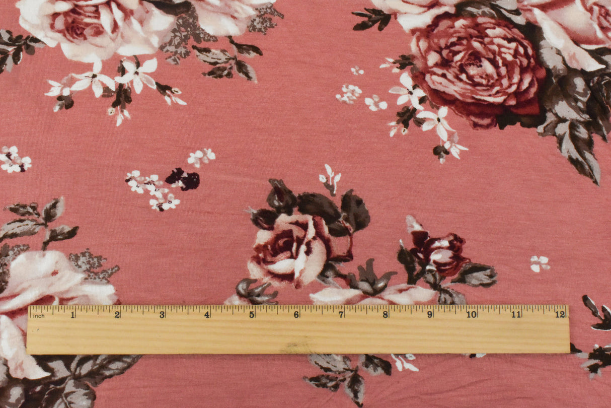 1 Yard Rosy Pink Brown Multi Floral Printed Stretch Rayon Jersey Knit Fabric 64 Inches Wide