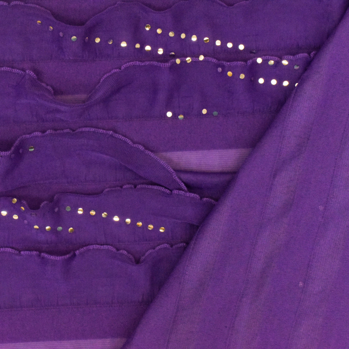1 Yard Ultra Purple Silver Foil Dot Printed Stretch Poly Ruffle Knit Fabric 52 Inches Wide