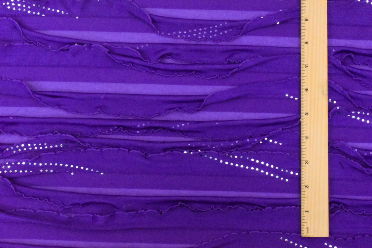 1 Yard Ultra Purple Silver Foil Dot Printed Stretch Poly Ruffle Knit Fabric 52 Inches Wide