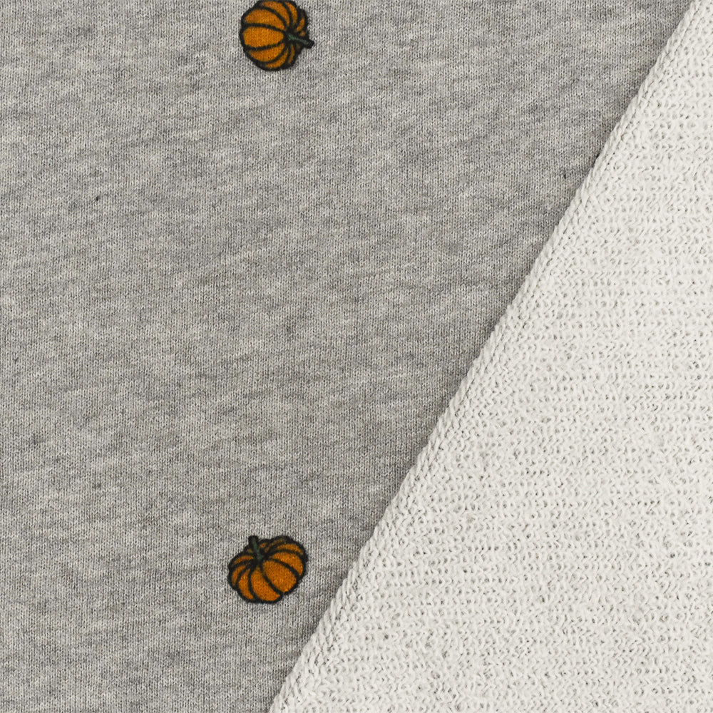 1 Yard Heather Gray Orange Multi Pumpkin Printed Cotton French Terry Knit Fabric Soft Stretch 60 Inches