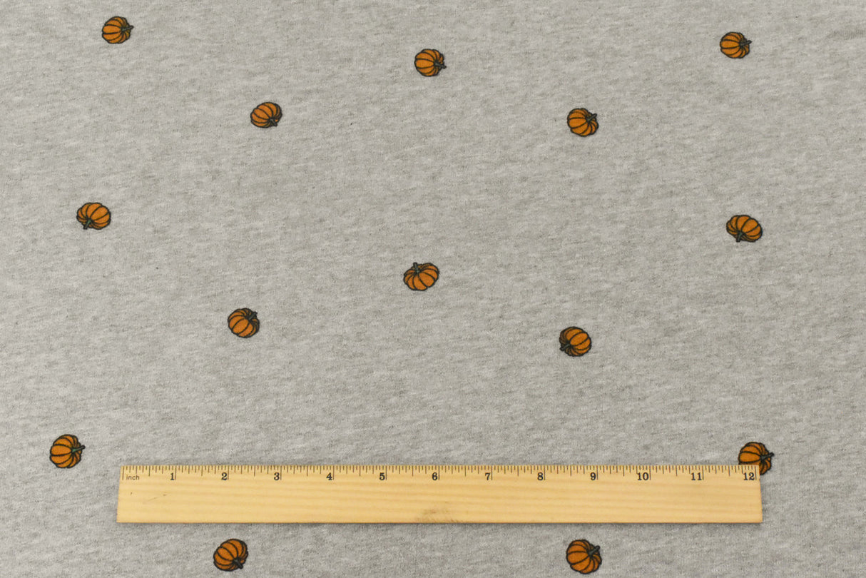 1 Yard Heather Gray Orange Multi Pumpkin Printed Cotton French Terry Knit Fabric Soft Stretch 60 Inches