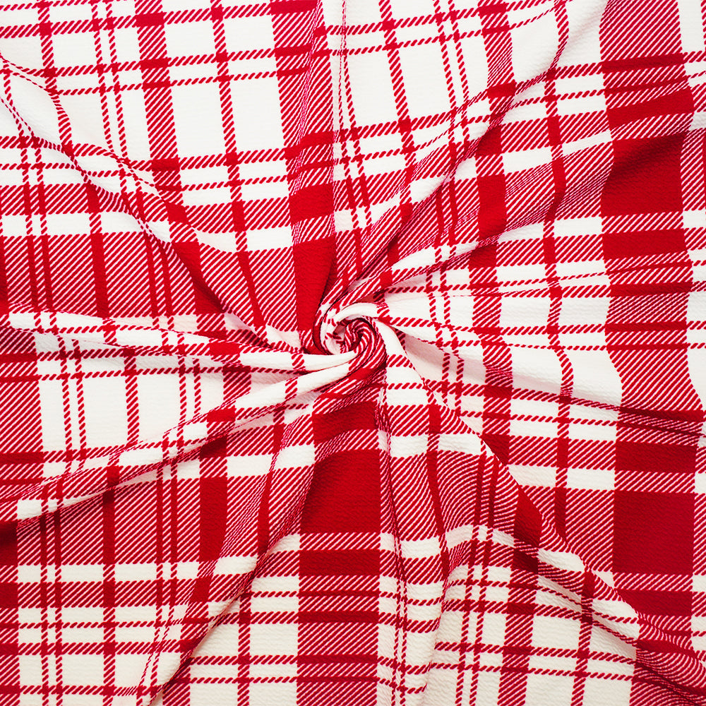 1 Yard Red-White Poly Plaid Printed Stretch Spandex Liverpool Double Knit Fabric Light Weight Matte 61 Inches