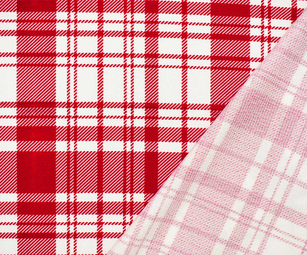 1 Yard Red-White Poly Plaid Printed Stretch Spandex Liverpool Double Knit Fabric Light Weight Matte 61 Inches