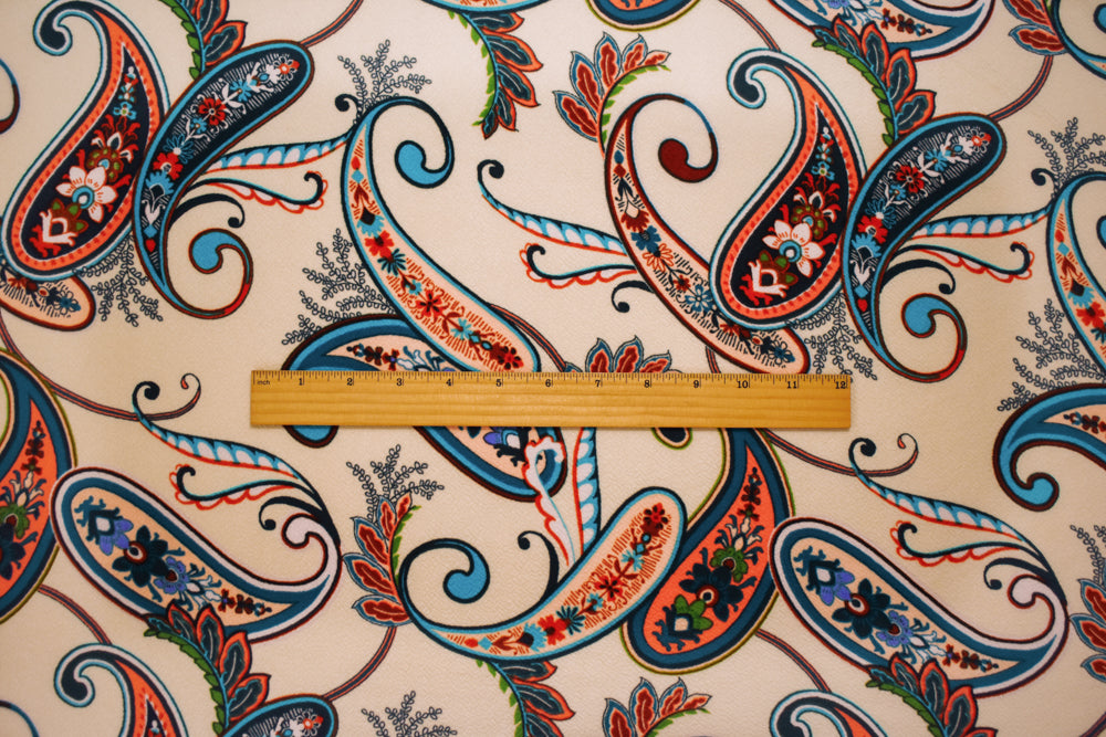 1 Yard Beige-Multi Poly Paisley Print Stretch Spandex Liverpool Double Knit Fabric Lightweight Matte 62 Inches