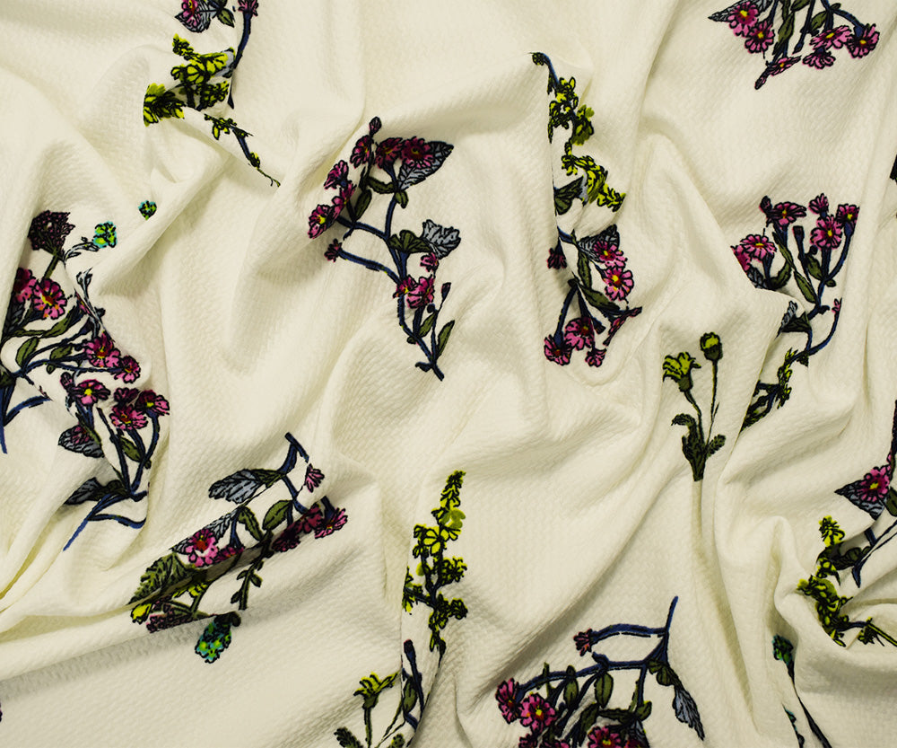 1 Yard White-Multi Floral Liverpool Stretch Spandex Double Knit Fabric Textured 60 Inches