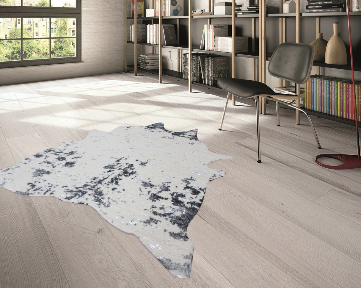 Vegan Cream Metallic Shinny Glow Faux Hide Cowhide Rug - Silver, Brown Patch, Black Patch, 5' X 7' (1 Piece)
