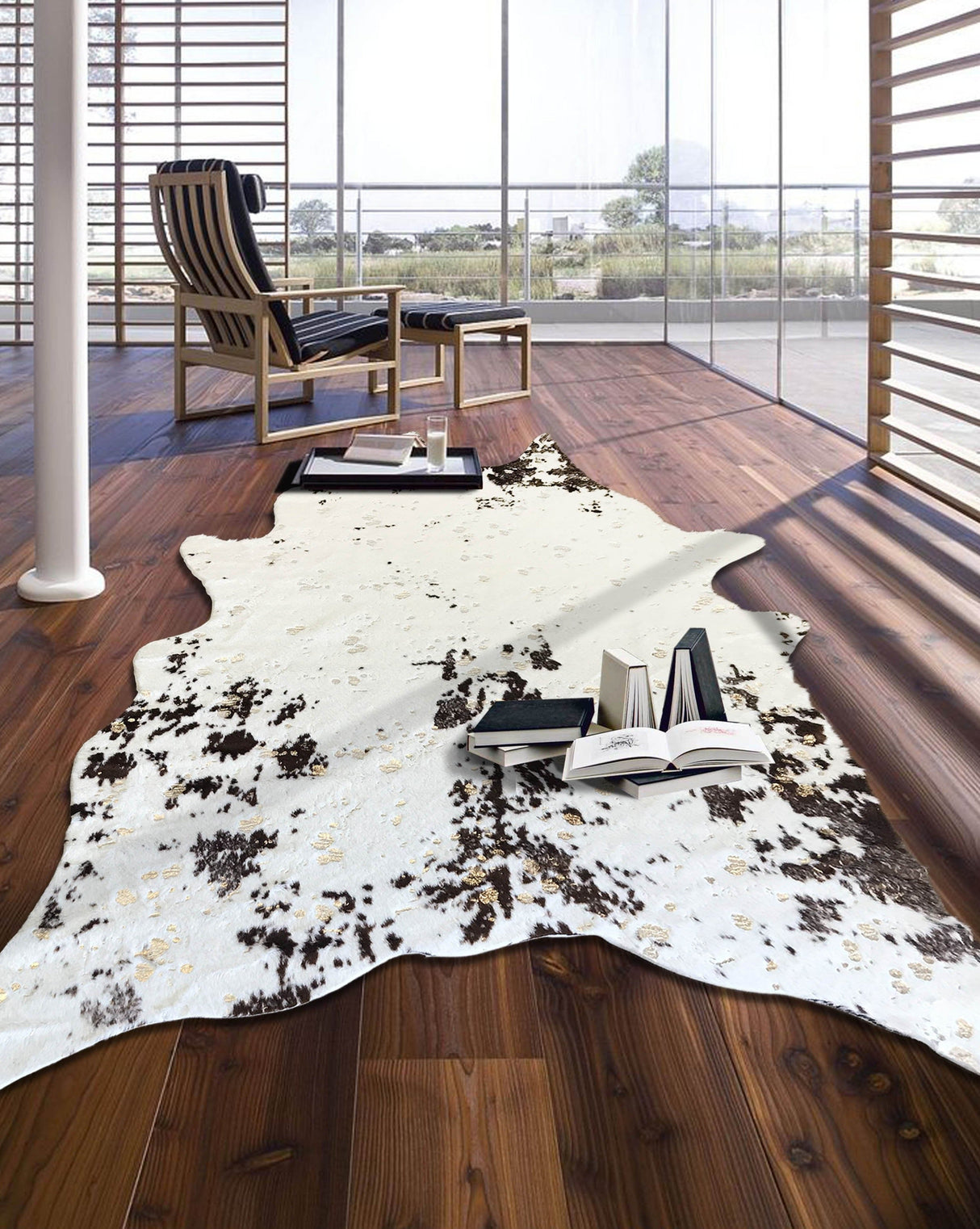 Vegan Cream Metallic Shinny Glow Faux Hide Cowhide Rug - Silver, Brown Patch, Black Patch, 5' X 7' (1 Piece)