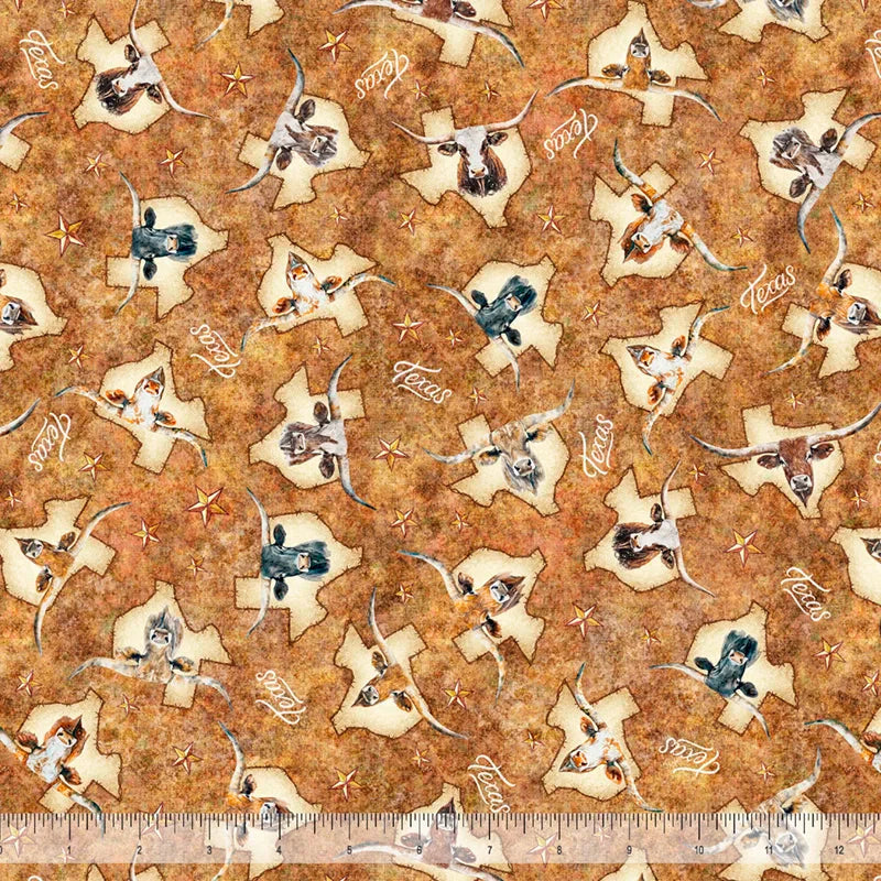 Cotton Print Texas Longhorns Rust Fabric 44/45"