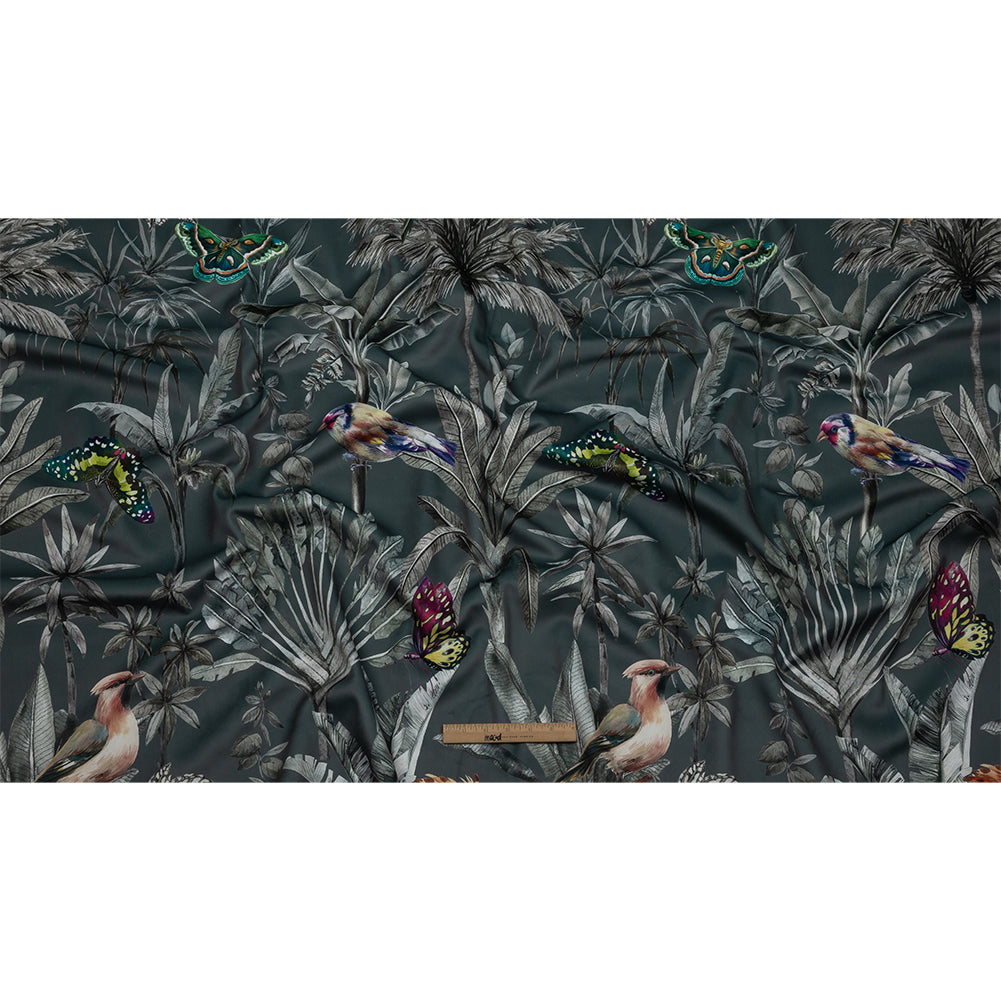Polyester Microvelvet Print - Slate Tropical Birds and Butterflies - British Imported