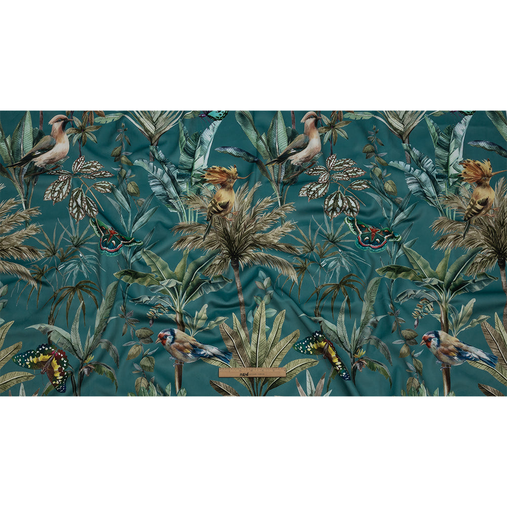 Polyester Microvelvet Print - Teal Tropical Birds and Butterflies - British Imported