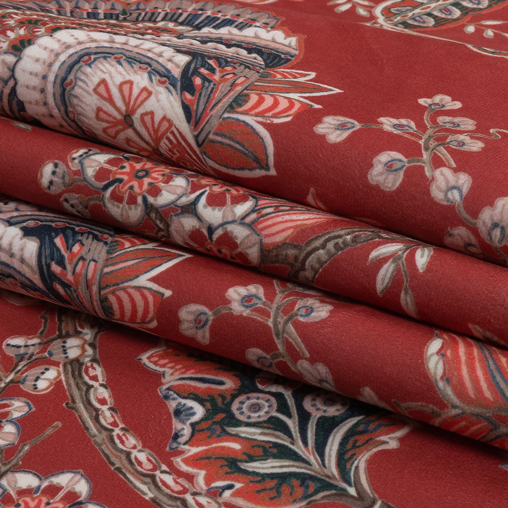 Polyester Microvelvet Print - Crimson Jacobean Floral - British Imported