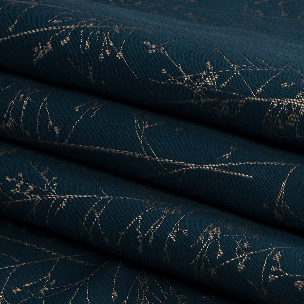 Metallic Satin-Faced Drapery Jacquard - French Navy Delicate Grasses - British Imported