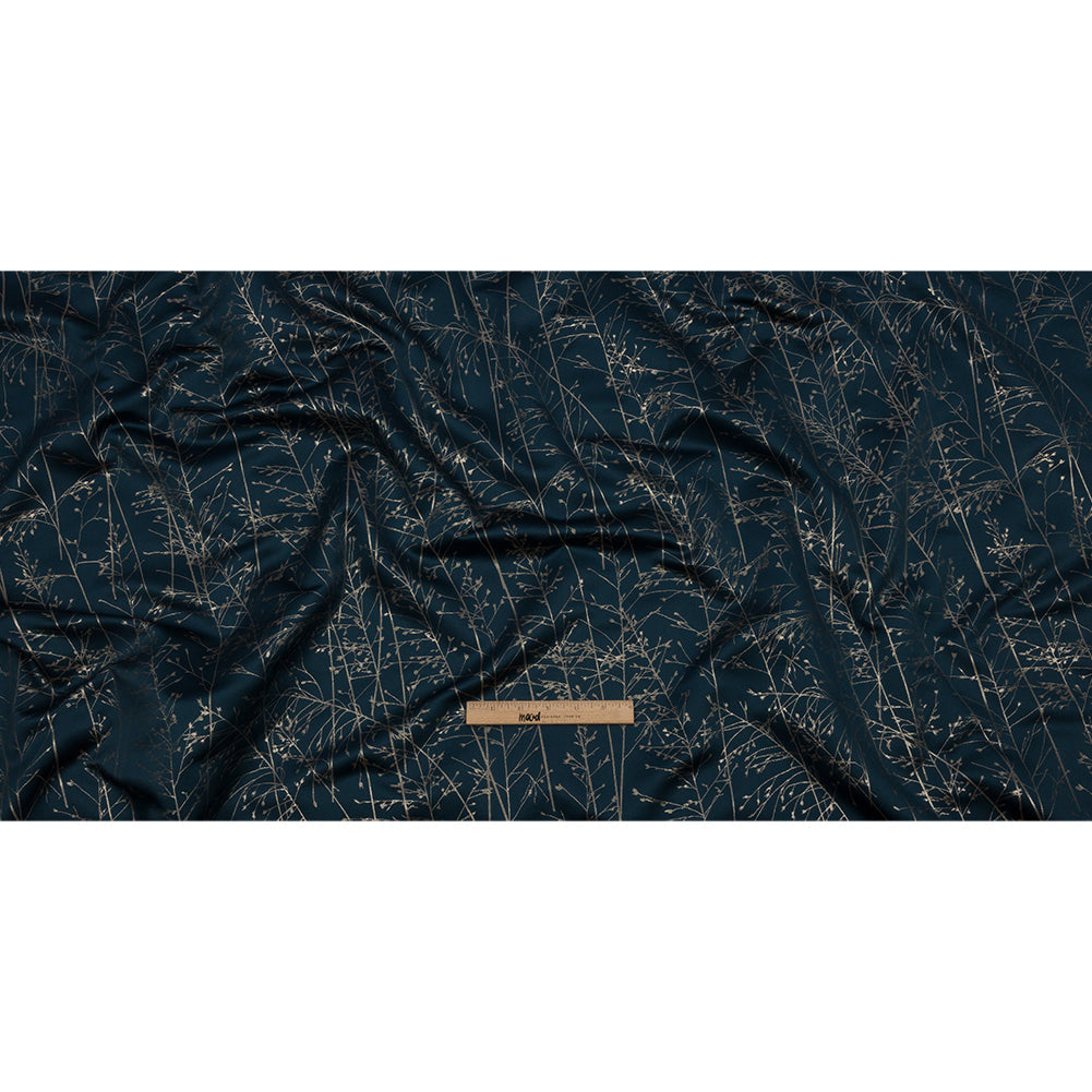 Metallic Satin-Faced Drapery Jacquard - French Navy Delicate Grasses - British Imported