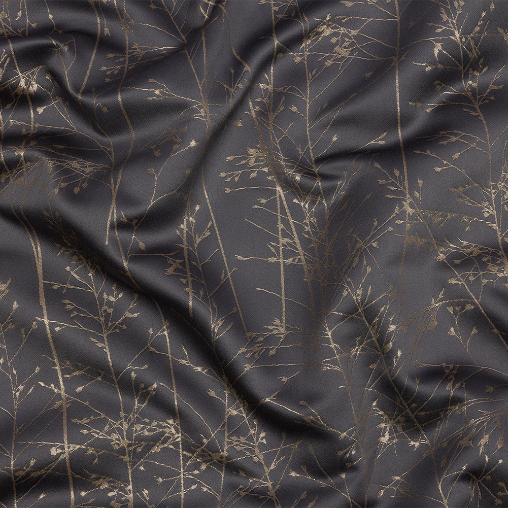 Metallic Satin-Faced Drapery Jacquard - Mole Delicate Grasses - British Imported