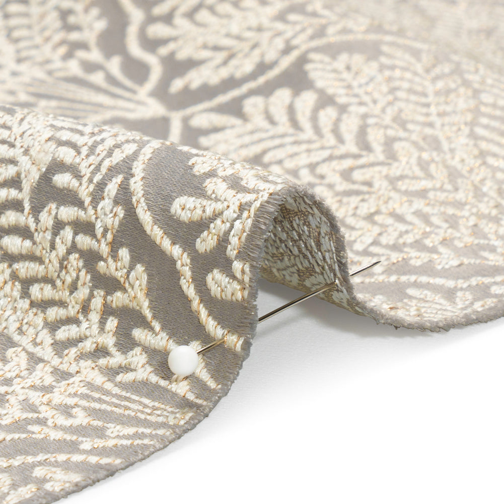 Metallic Drapery Jacquard - Dove Leafy Fans - British Imported