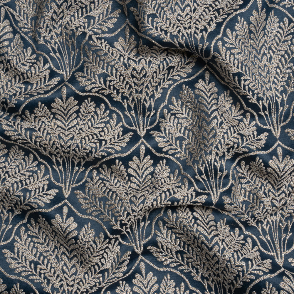 Metallic Drapery Jacquard - Ink Leafy Fans - British Imported