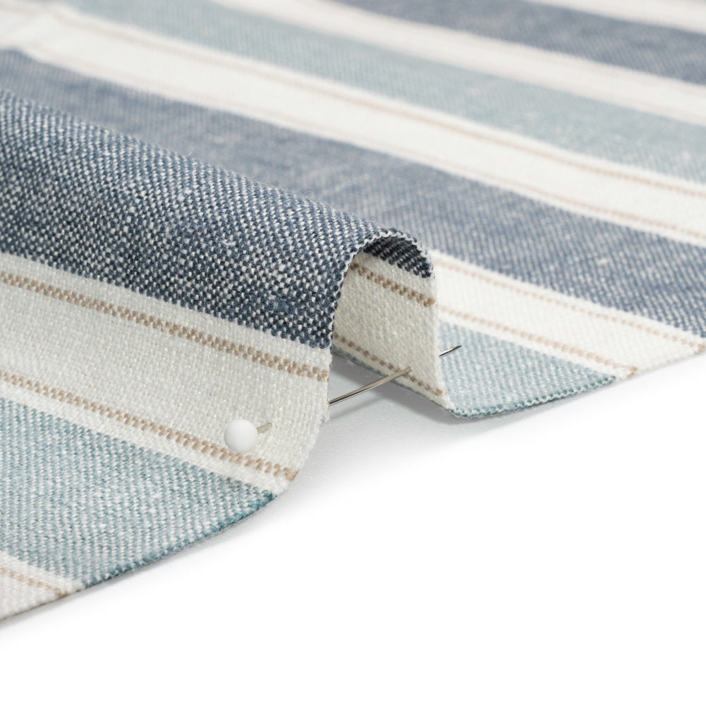 Slubbed Cotton Blend Woven - Denim Wide Stripes - British Imported