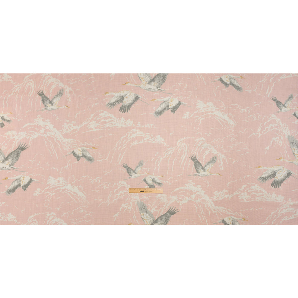 Viscose and Linen Drapery Woven Print - Blush Cranes in the Clouds - British Imported