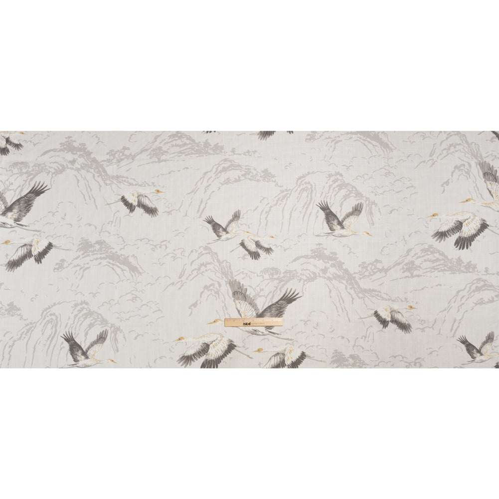 Viscose and Linen Drapery Woven Print - Silver Cranes in the Clouds - British Imported