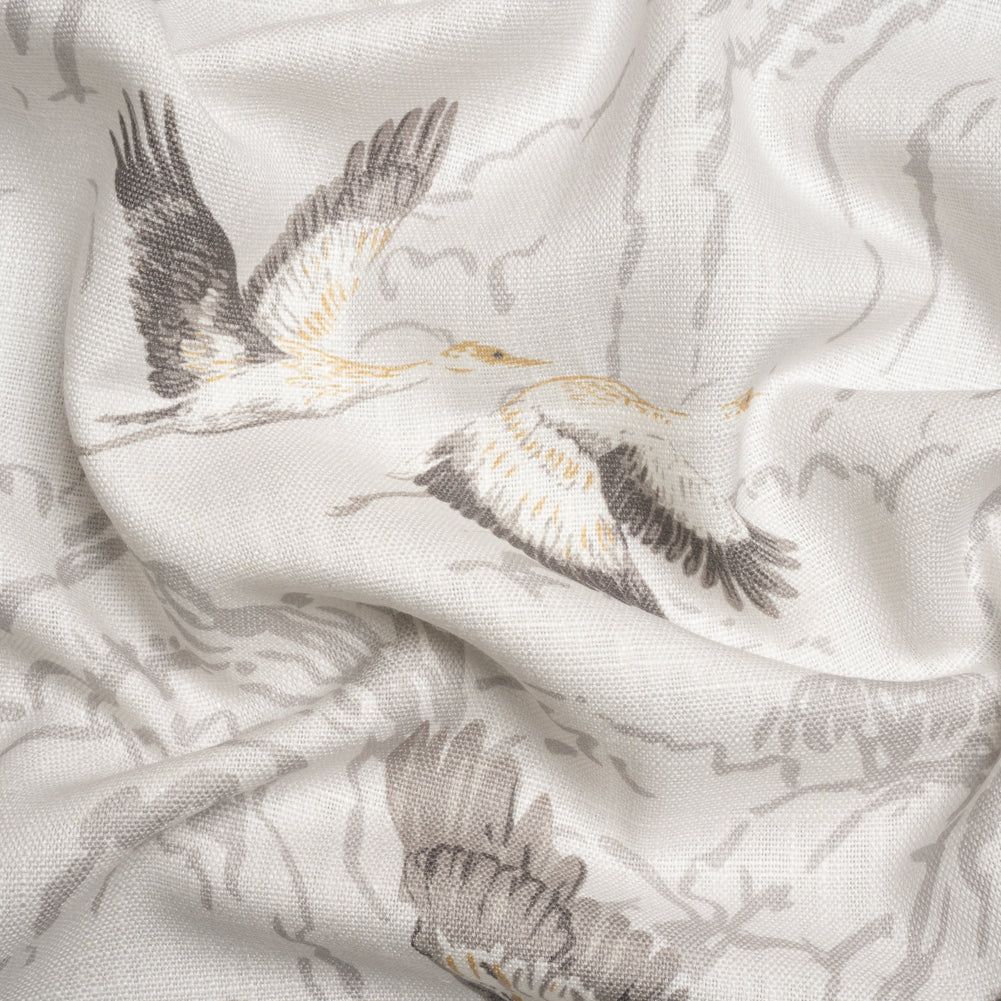 Viscose and Linen Drapery Woven Print - Silver Cranes in the Clouds - British Imported