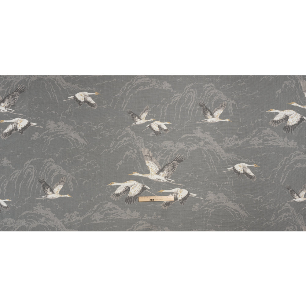 Viscose and Linen Drapery Woven Print - Steel Cranes in the Clouds - British Imported