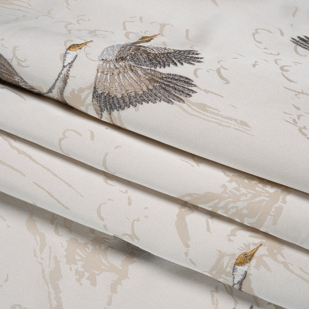 Embroidered Cotton and Polyester Drapery Jacquard - Pale Dove Cranes in the Clouds - British Imported