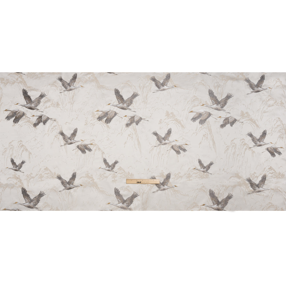 Embroidered Cotton and Polyester Drapery Jacquard - Pale Dove Cranes in the Clouds - British Imported