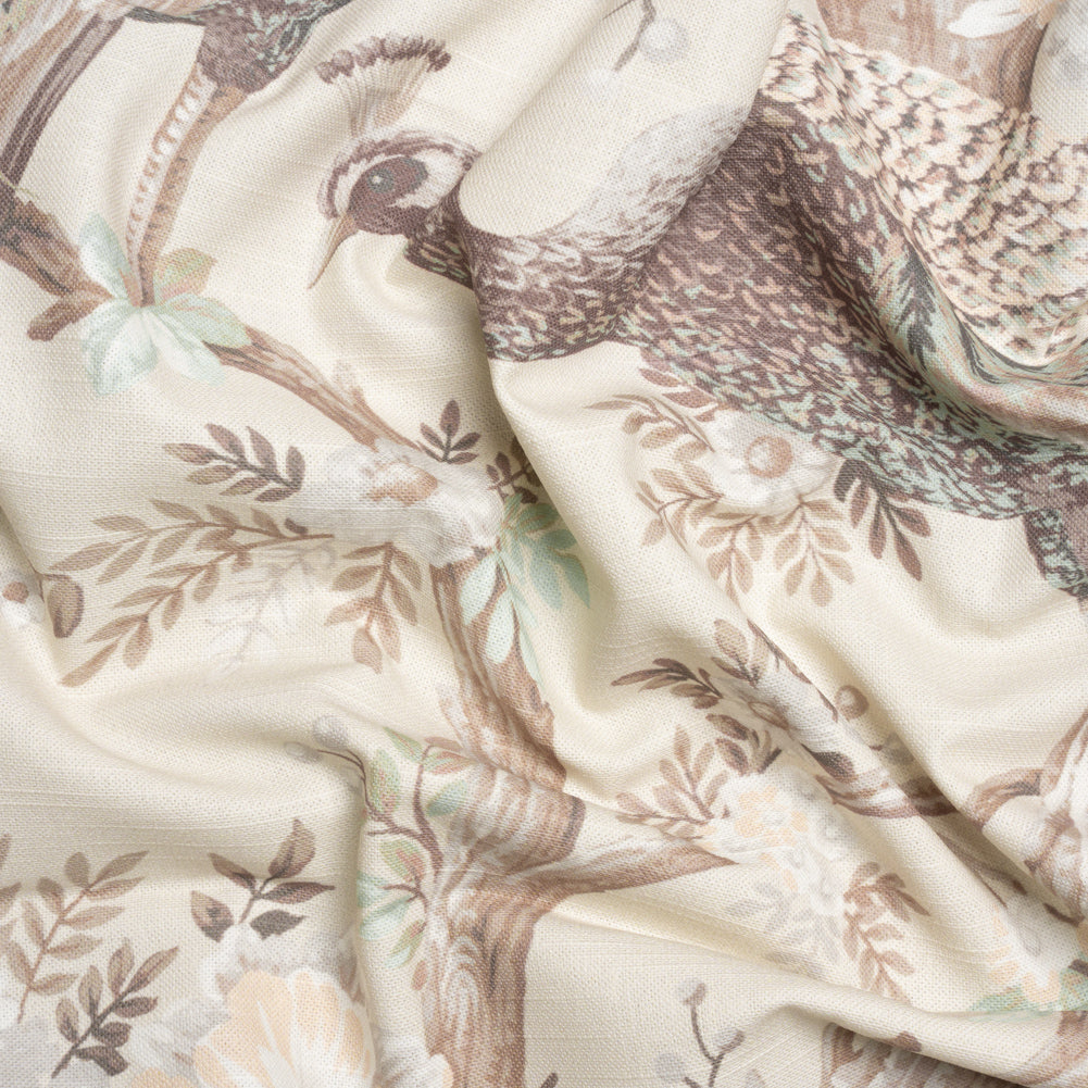 Cotton Canvas Print - Soft Truffle Peacocks in the Trees - British Imported