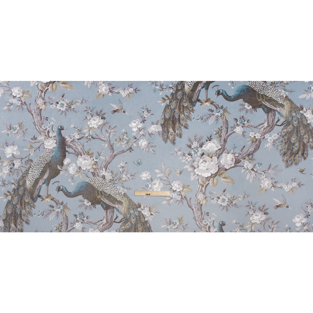 Polyester Microvelvet Print - Chalk Blue Peacocks in the Trees - British Imported