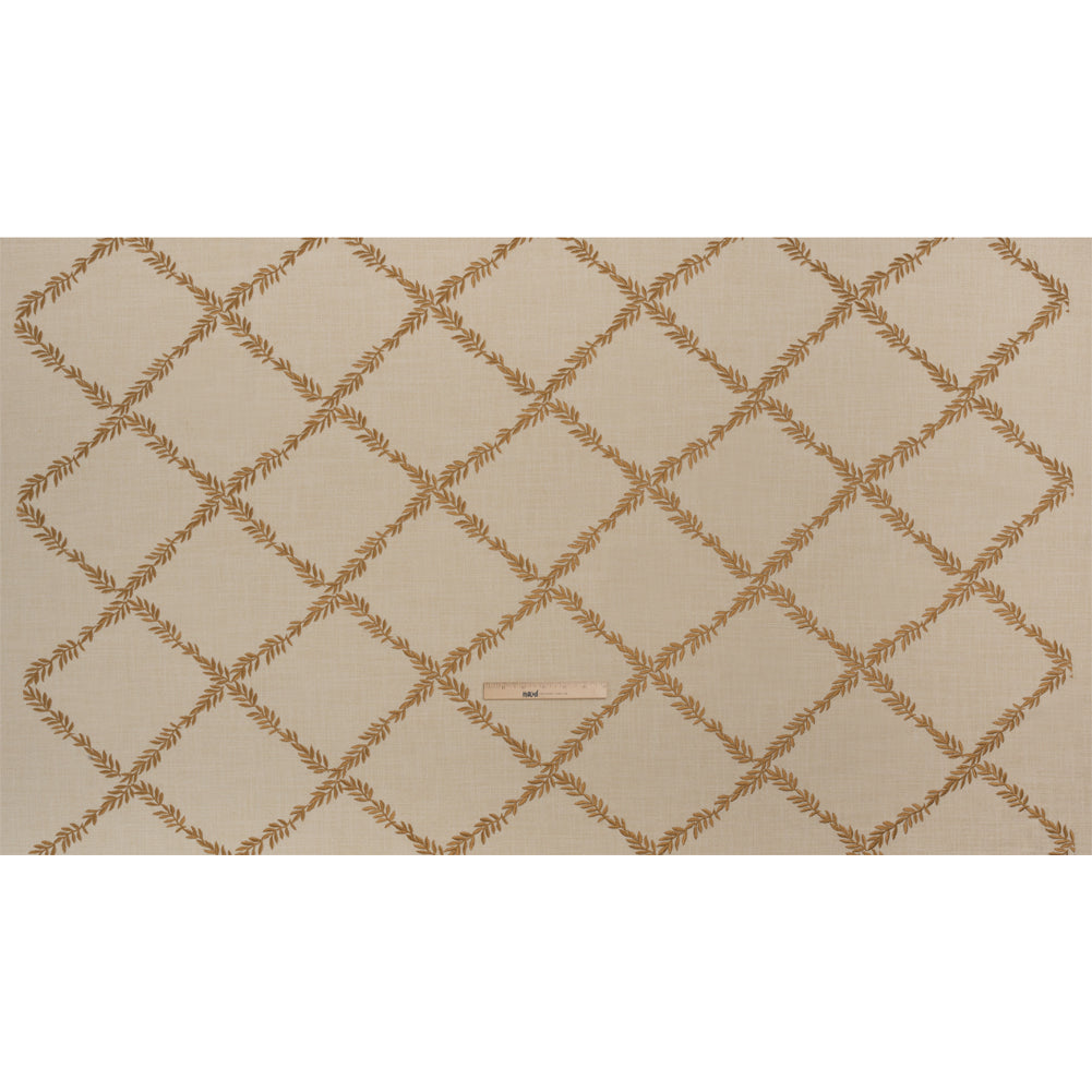 Embroidered Slubbed Drapery Woven - Amber Leafy Lattice - British Imported
