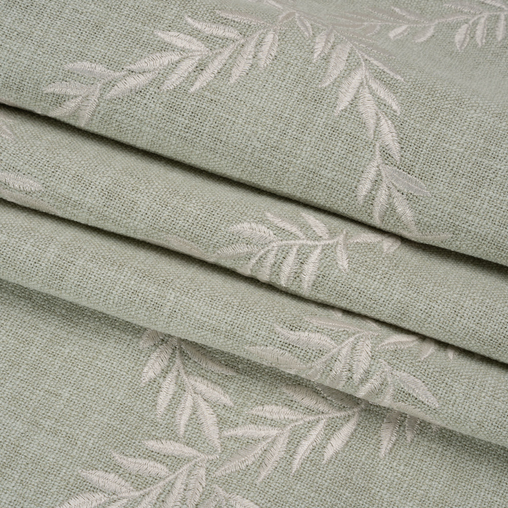 Embroidered Slubbed Drapery Woven - Duckegg Leafy Lattice - British Imported