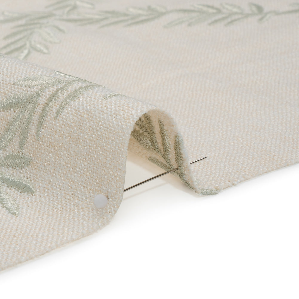 Embroidered Slubbed Drapery Woven - Sage Leafy Lattice - British Imported