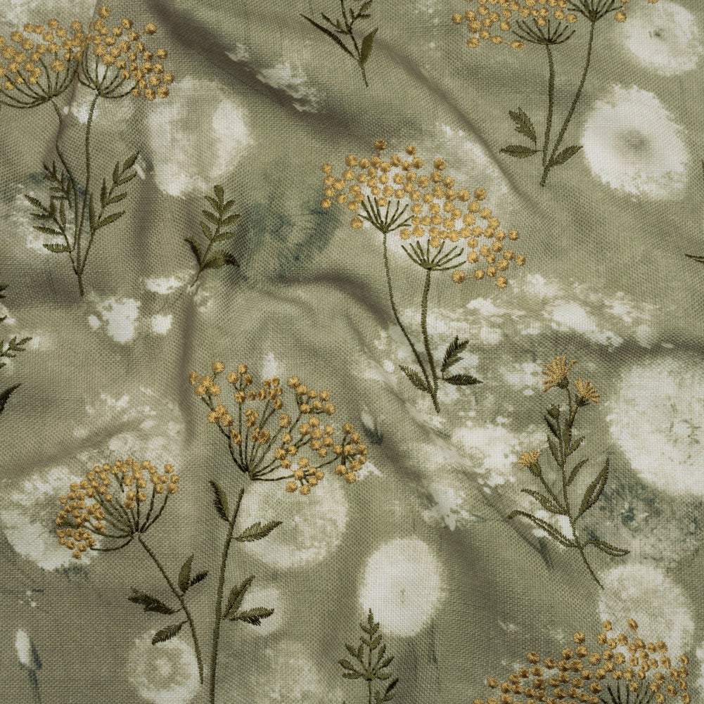 Cotton Canvas Print with Floral Embroidery - Ivy Tie Dye Spots - British Imported