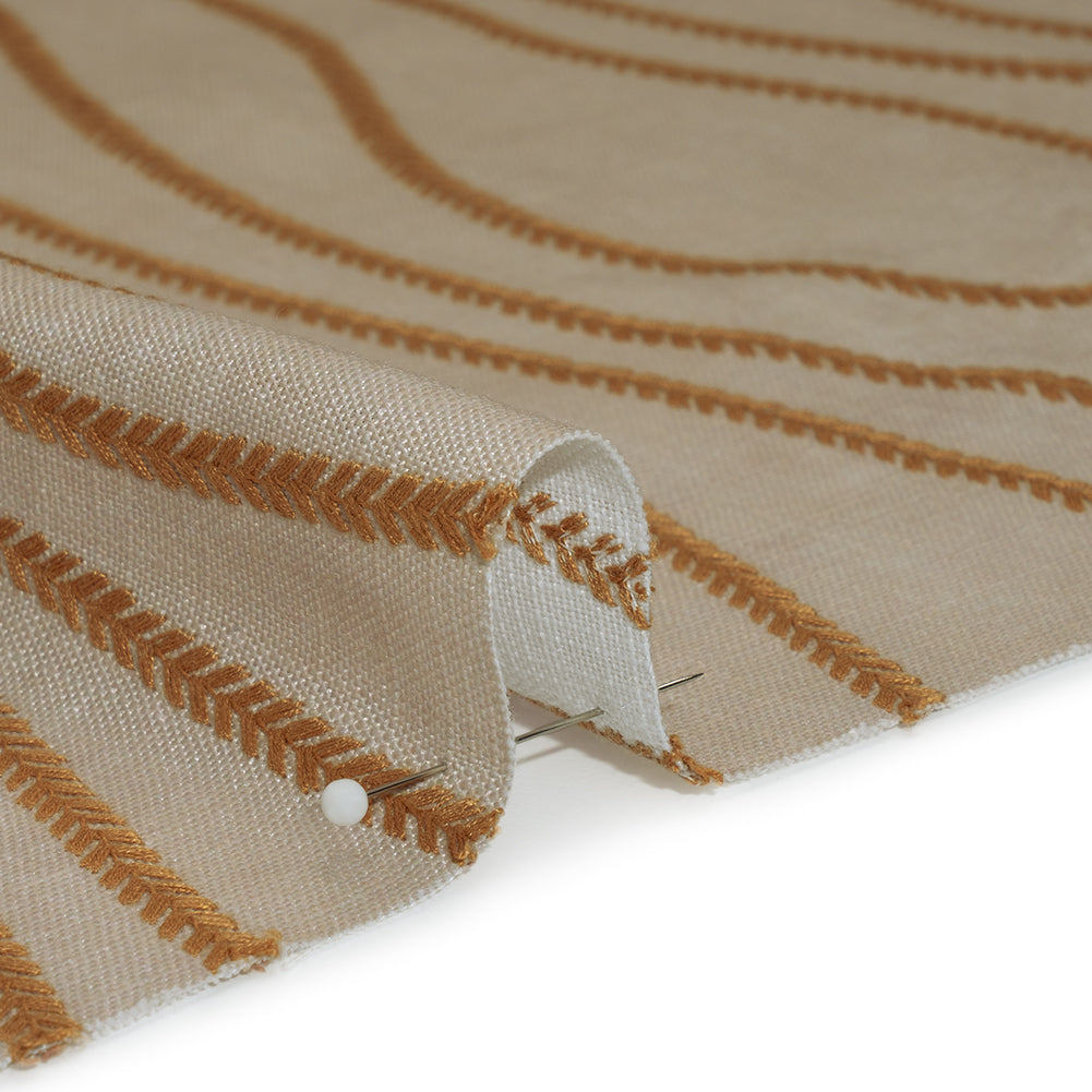 Embroidered Linen-Look Polyester Drapery Woven - Copper Leafy Wavy Lines and Watercolor Texture - British Imported