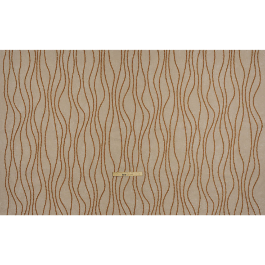 Embroidered Linen-Look Polyester Drapery Woven - Copper Leafy Wavy Lines and Watercolor Texture - British Imported