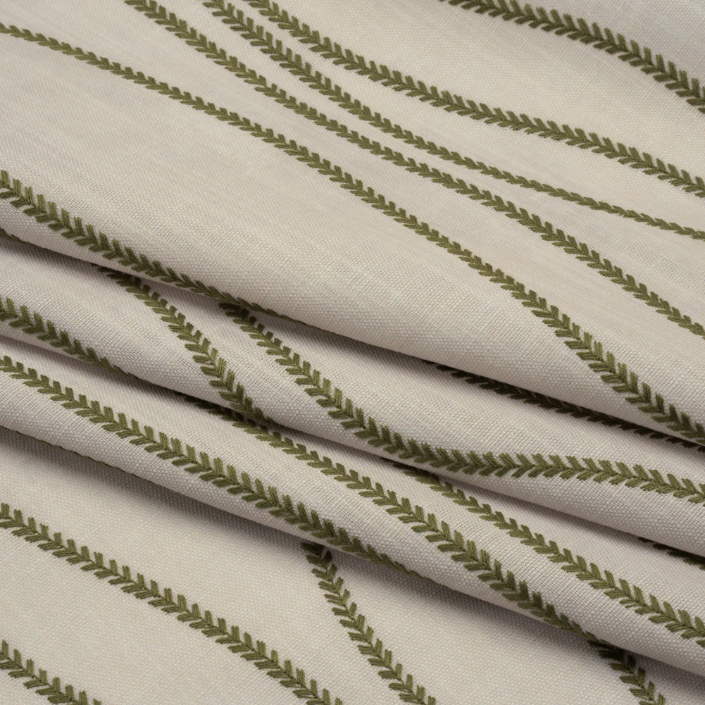 Embroidered Linen-Look Polyester Drapery Woven - Moss Leafy Wavy Lines and Watercolor Texture - British Imported